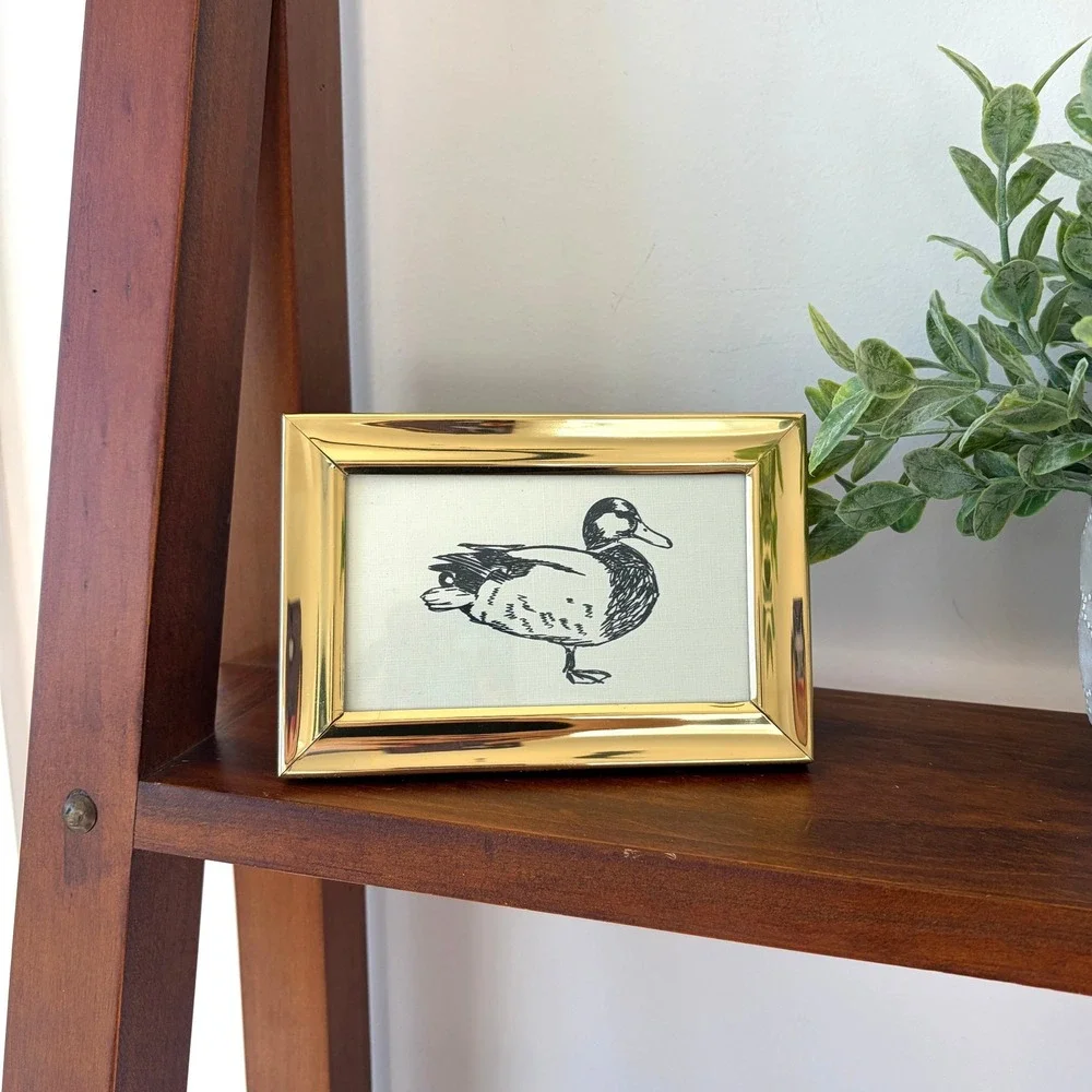 Vintage Mallard Duck Sketch Art Print in Polished Brass Frame Gold Tone 4.5x6.5